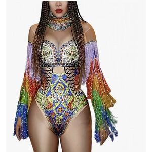 Rhinestone Tassel‎ Sleeves Fringe Bodysuit Singer Sexy Costume Club Halloween